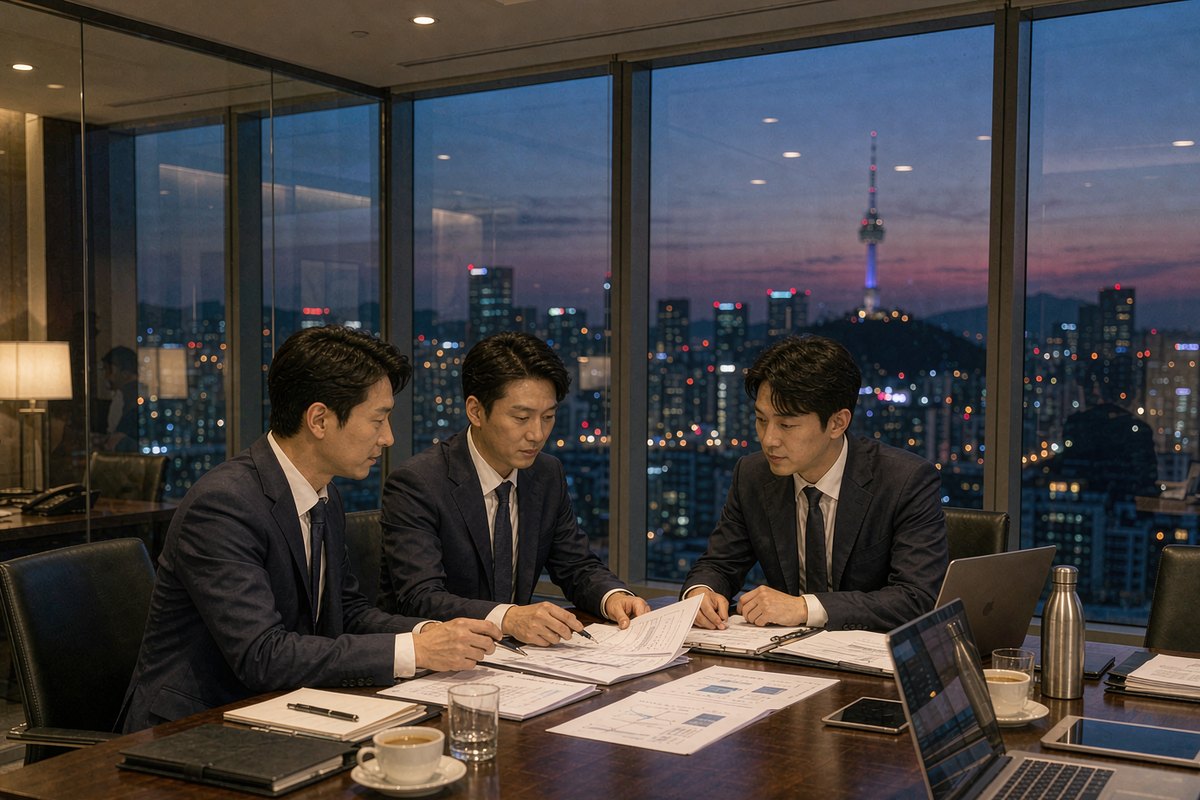 韩国公司注册服务场景：首尔商务区与国际业务洽谈